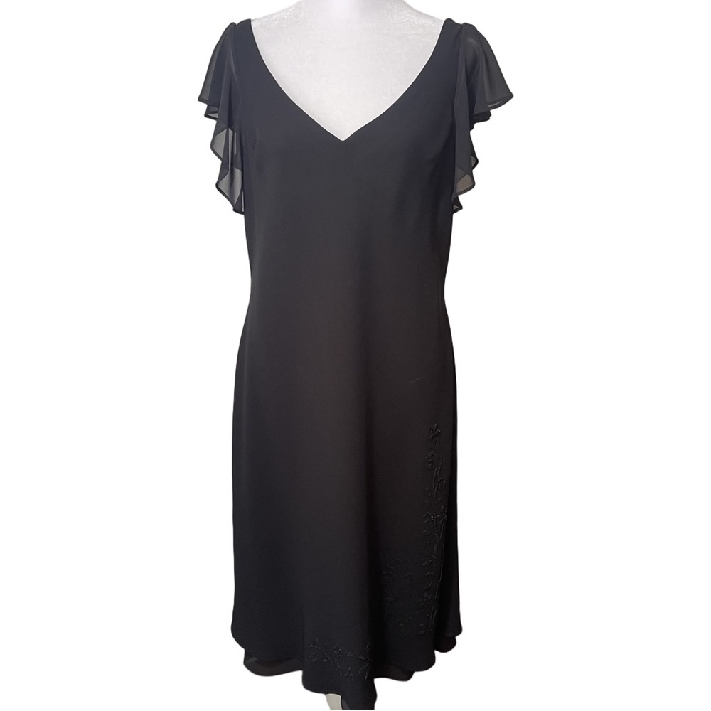 Dressbarn Black Chiffon Flutter Sleeve Beaded Midi Cocktail Dress V-Neck V-Back